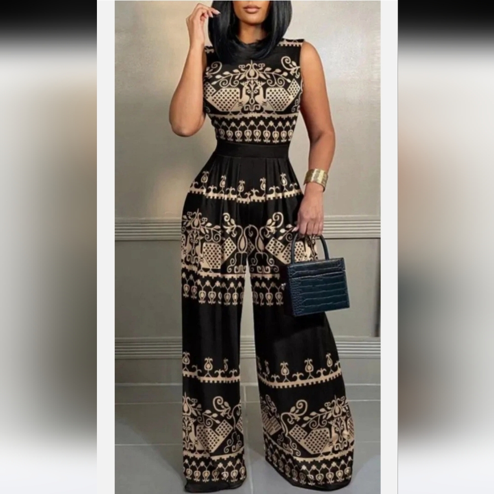 NWOT- Black and Beige Patterned Wide Leg Jumpsuit-Large